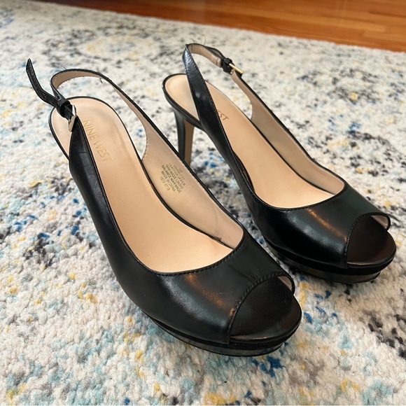 NINE WEST Black Leather Upper Sling Back Peep Toe Heels 8 - Picture 1 of 13